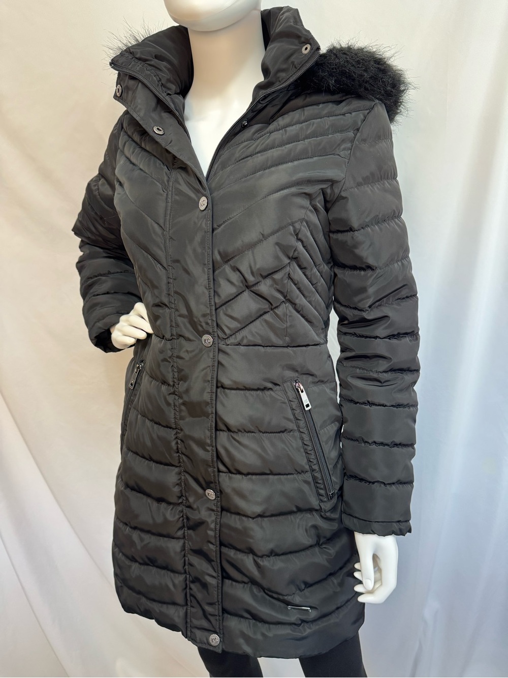 Kenneth Cole NY Mixed Quilted Puffer Jacket Fur Lined Hood